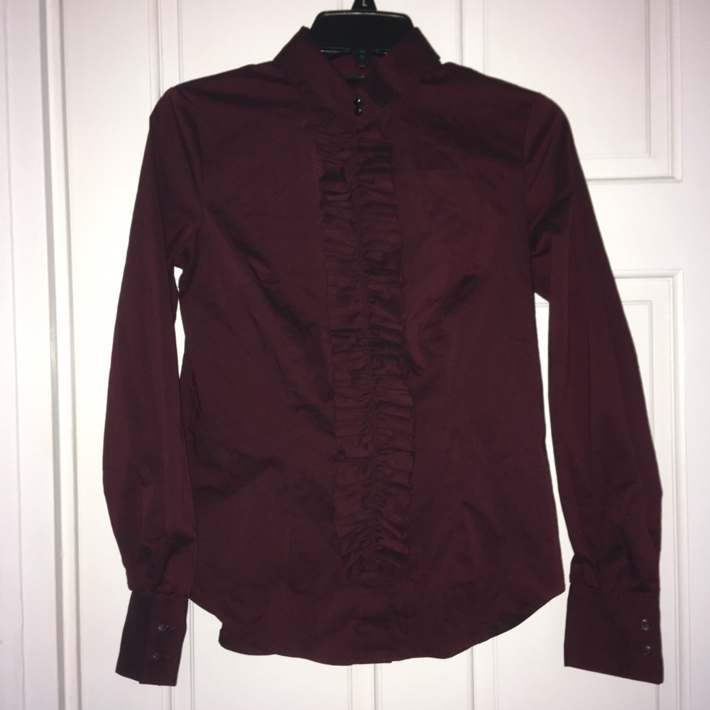 New York & Company maroon ruffle front shirt, XS